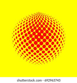 Abstract globe dotted sphere, 3d halftone dot effect. Red color, in yellow background. Vector illustration. It can use as logo, icon.