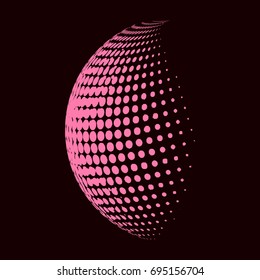 Abstract globe dotted sphere, 3d halftone dot effect. Pink color, in black background. Vector illustration. It can use as logo, icon. Earth Shape.