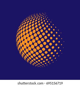 Abstract globe dotted sphere, 3d halftone dot effect. Orange color, in blue background. Vector illustration. It can use as logo, icon. Earth Shape.