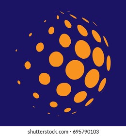 Abstract globe dotted sphere, 3d halftone dot effect. Orange color, in dark blue background. Vector illustration. It can use as logo, icon. Earth shape.