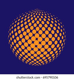 Abstract globe dotted sphere, 3d halftone dot effect. Orange color, in blue background. Vector illustration. It can be used as logo, icon. Earth shape.