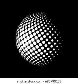 Abstract globe dotted sphere, 3d halftone dot effect. White color, in black background. Vector illustration. It can be used as logo, icon. Earth shape.