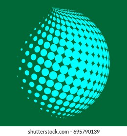 Abstract globe dotted sphere, 3d halftone dot effect. Light green color on green background. Vector illustration. It can be used as logo, icon. Earth shape.
