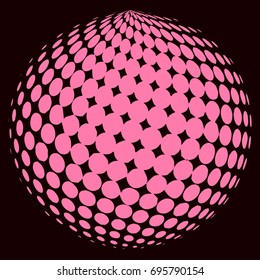 Abstract globe dotted sphere, 3d halftone dot effect. Pink color, in black background. Vector illustration. It can be used as logo, icon. Earth shape.