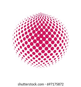 Abstract globe dotted sphere, 3d halftone dot effect. Red color, in white background. Vector illustration. It can use as logo, icon. Earth shape

