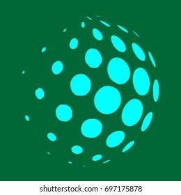 Abstract globe dotted sphere, 3d halftone dot effect. Light green color, in green background. Vector illustration. It can use as logo, icon. Earth shape.