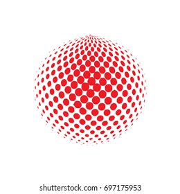  Abstract globe dotted sphere, 3d halftone dot effect. Red color, in white background. Vector illustration. It can use as logo, icon. Earth shape.