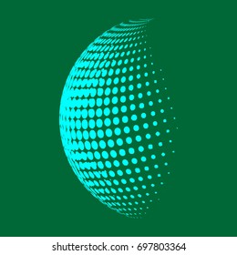 Abstract globe dotted sphere, 3d halftone dot effect. Light green color, in dark green background. Vector illustration. It can use as logo, icon. Earth shape.