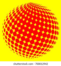 Abstract globe dotted sphere, 3d halftone dot effect. Red color, in yellow background. Vector illustration. It can use as logo, icon.