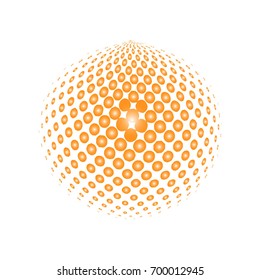 Abstract globe dotted sphere, 3d halftone dot effect. Orange color, in White background. Vector illustration. It can use as logo, icon.