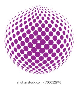 Abstract globe dotted sphere, 3d halftone dot effect. Purple color, in white background. Vector illustration. It can use as logo, icon.
