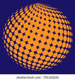 Abstract globe dotted sphere, 3d halftone dot effect. Orange color, in blue background. Vector illustration. It can use as logo, icon. Earth Shape.