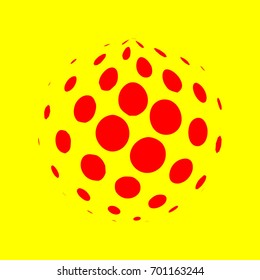 Abstract globe dotted sphere, 3d halftone dot effect. Red color, in yellow background. Vector illustration. It can use as logo, icon. Earth Shape.