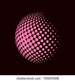 Abstract globe dotted sphere, 3d halftone dot effect. Pink color, in black background. Vector illustration. It can use as logo, icon.