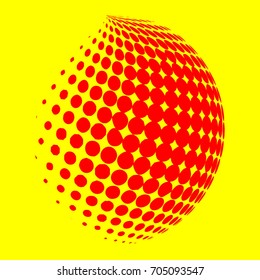 Abstract globe dotted sphere, 3d halftone dot effect. Red color, in yellow background. Vector illustration. It can use as logo, icon.