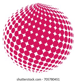 Abstract globe dotted sphere, 3d halftone dot effect. Dark pink color, in white background. Vector illustration. It can use as logo, icon.