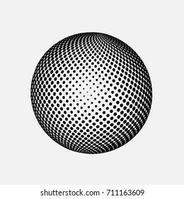Abstract globe dotted sphere, 3d halftone effect vector background. Black and white vector illustration.