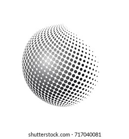 Abstract globe dotted sphere, 3d halftone effect vector background. Black and white vector illustration.