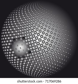 Abstract globe dotted sphere, 3d halftone effect vector background. Black and white vector illustration.
