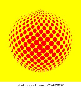 Abstract globe dotted sphere, 3d halftone dot effect. Red color, in yellow background. Vector illustration. It can use as logo, icon, banner.