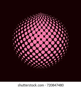 Abstract globe dotted sphere, 3d halftone dot effect. Pink color, in dark background. Vector illustration. It can use as logo, icon.