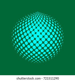 Abstract globe dotted sphere, 3d halftone dot effect. Light green color, in green background. Vector illustration. It can use as logo, icon.