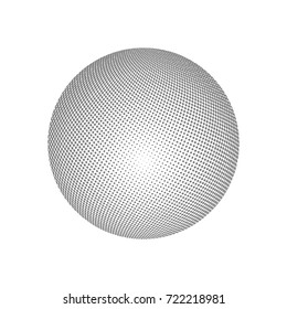 Abstract globe dotted sphere, 3d halftone effect vector background. Black and white vector illustration.