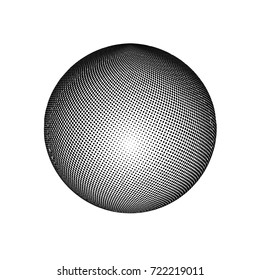 Abstract globe dotted sphere, 3d halftone effect vector background. Black and white vector illustration.