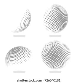 Abstract Globe Dotted Sphere. 3d Halftone Effect Vector Background. Black and White Set of Vector Illustration.