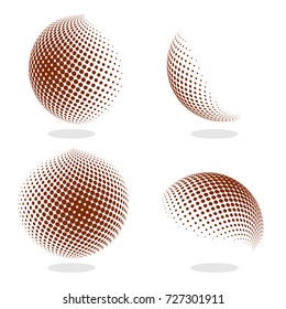 Abstract globe dotted sphere, 3d halftone effect vector background. Color set of vector illustration.