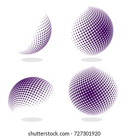 Abstract globe dotted sphere, 3d halftone effect vector background. Color set of vector illustration.