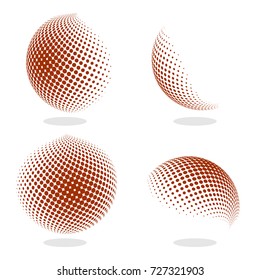 Abstract globe dotted sphere, 3d halftone effect vector background. Color set of vector illustration.