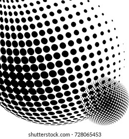 Abstract globe dotted sphere, 3d halftone effect vector background. Black and white vector illustration.