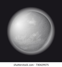 Abstract globe dotted sphere, 3d halftone effect vector background. Black and white vector illustration.