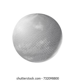Abstract globe dotted sphere, 3d halftone effect vector background. Black and white vector illustration.