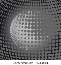 Abstract globe dotted sphere, 3d halftone effect vector background. Black and white vector illustration.