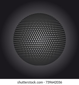 Abstract globe dotted sphere, 3d halftone effect vector background. Black and white vector illustration.