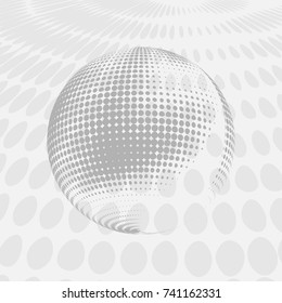Abstract globe dotted sphere, 3d halftone effect vector background. Black and white vector illustration.