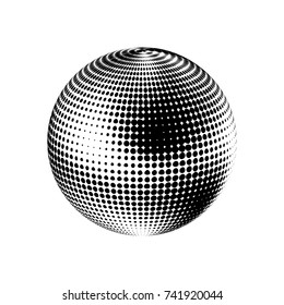 Abstract globe dotted sphere, 3d halftone effect background. Black and white vector illustration.