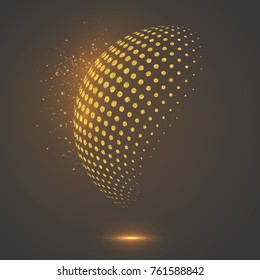 Abstract globe dotted sphere, 3d halftone dot effect. Glitter gold color with glowing lights, black background. Vector illustration.