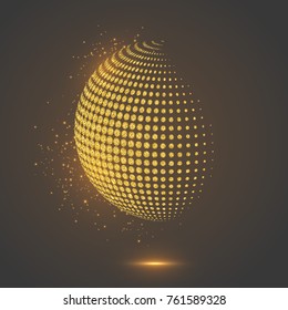 Abstract globe dotted sphere, 3d halftone dot effect. Glitter gold color with glowing lights, black background. Vector illustration.