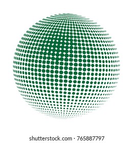 Abstract globe dotted sphere, 3d halftone dot effect. Green color, in white background. Vector illustration. It can use as logo, icon.