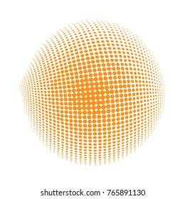 Abstract globe dotted sphere, 3d halftone dot effect. Orange color, in white background. Vector illustration. It can use as logo, icon.