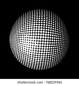 Abstract globe dotted sphere, 3d halftone dot effect. White color, in black background. Vector illustration. It can be used as logo, icon. Earth shape.