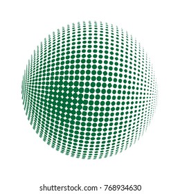 Abstract globe dotted sphere, 3d halftone dot effect. Green color, in white background. Vector illustration. It can use as logo, icon.