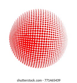 Abstract globe dotted sphere, 3d halftone dot effect. Red color, in White background. Vector illustration. It can use as logo, icon. Earth Shape.