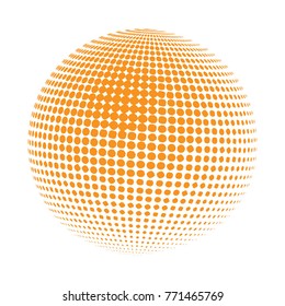 Abstract globe dotted sphere, 3d halftone dot effect. Golden, Orange color in white background. Vector illustration. It can use as logo, icon.