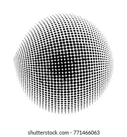 Abstract globe dotted sphere, 3d halftone dot effect. Black color, in white background. Vector illustration. It can use as logo, icon. Earth shape.