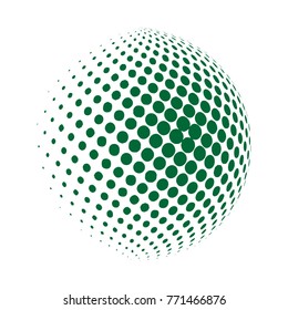 Abstract globe dotted sphere, 3d halftone dot effect. Green color, in white background. Vector illustration. It can use as logo, icon.