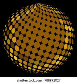 Abstract globe dotted sphere, 3d halftone dot effect. Golden dots in dark background. Gold color in earth shape. Vector illustration. It can use as logo, icon, banner, business card.